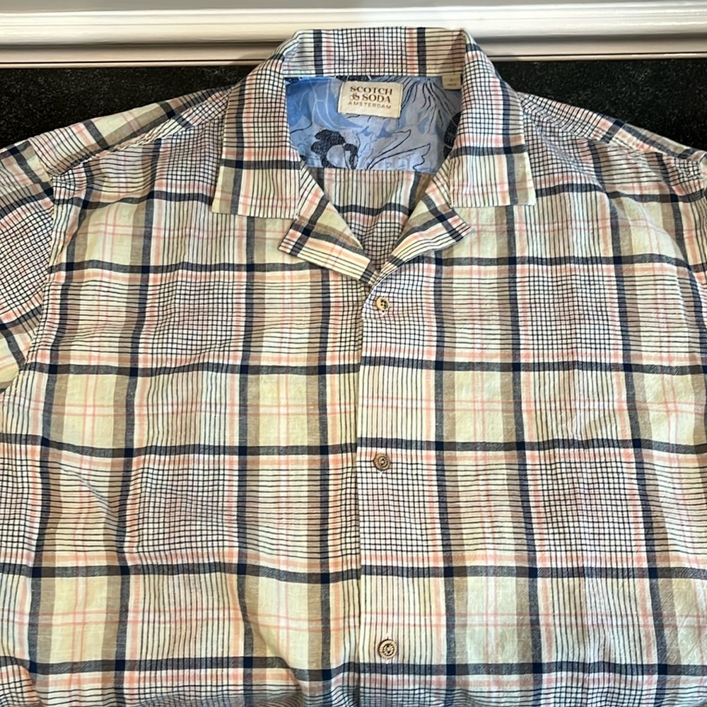 scotch and soda linen/cotton plaid short sleeve men’s shirt